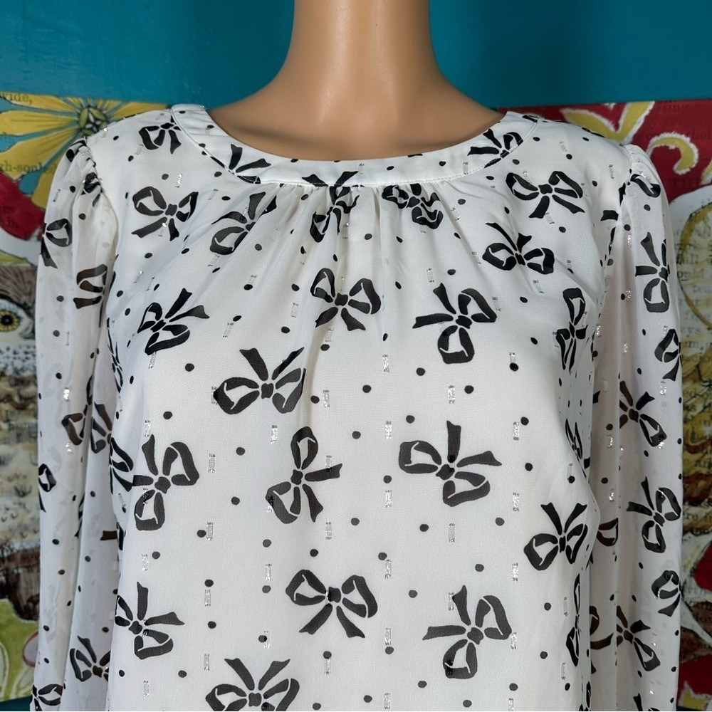 Talbots Blouse Plus Size Women's XL Sheer Long Sleeve Black White Bow Print - Picture 2 of 10